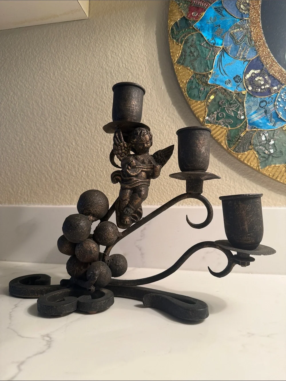 Vintage Wrought Iron Cherub Grapes Metal 3-Arm Candelabra